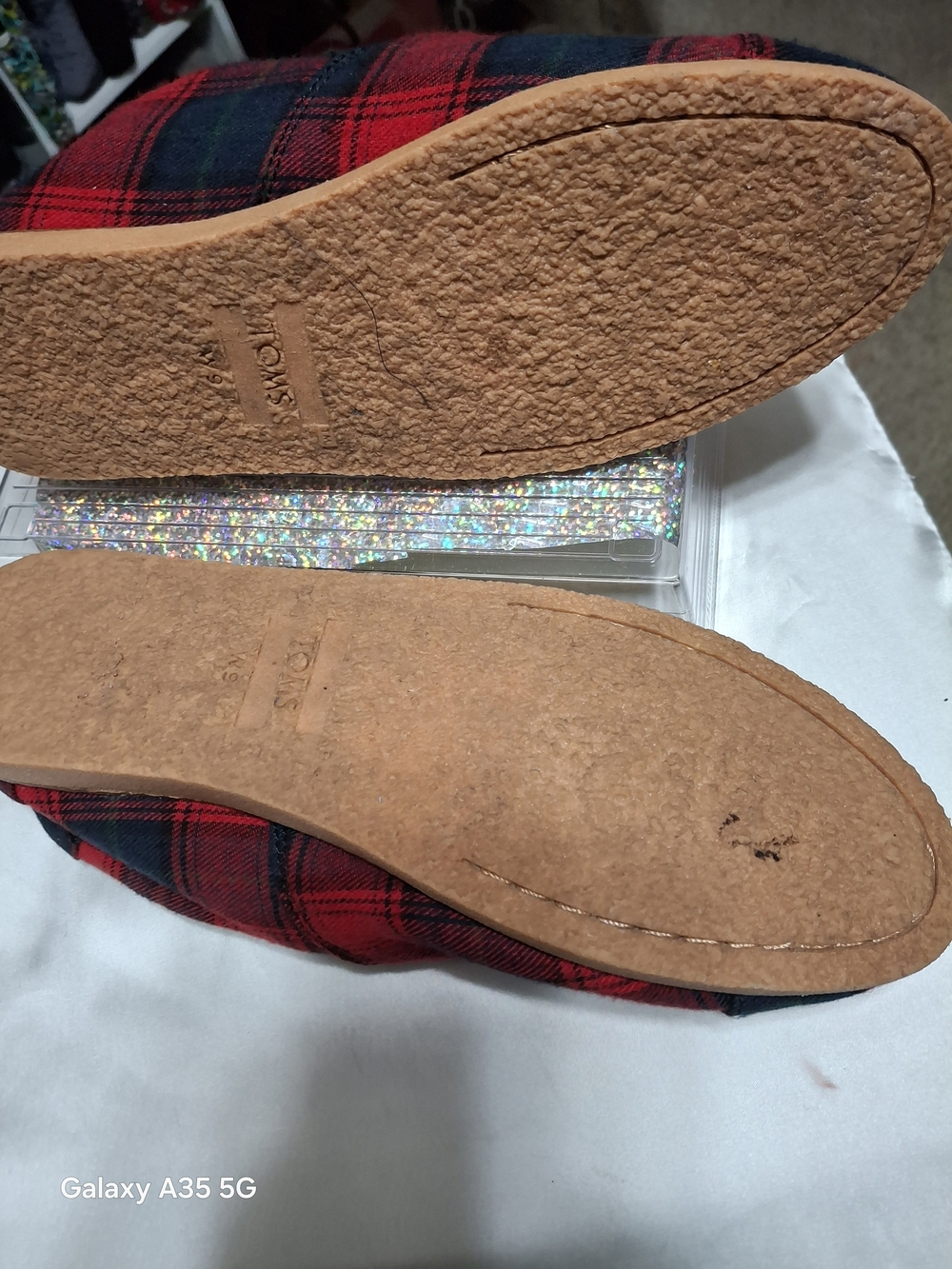 TOMS Classic Slip-On Plaid Canvas Shoes - Red & Navy - Picture 4 of 5